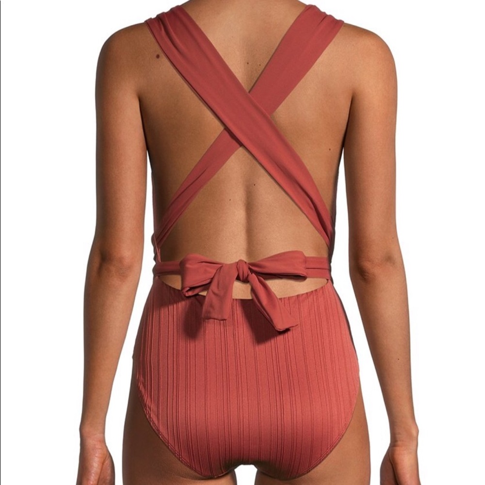 TIME AND TRU | Women's Rusty Brick Wrap One-Piece Swimsuit with Tie Waist Medium